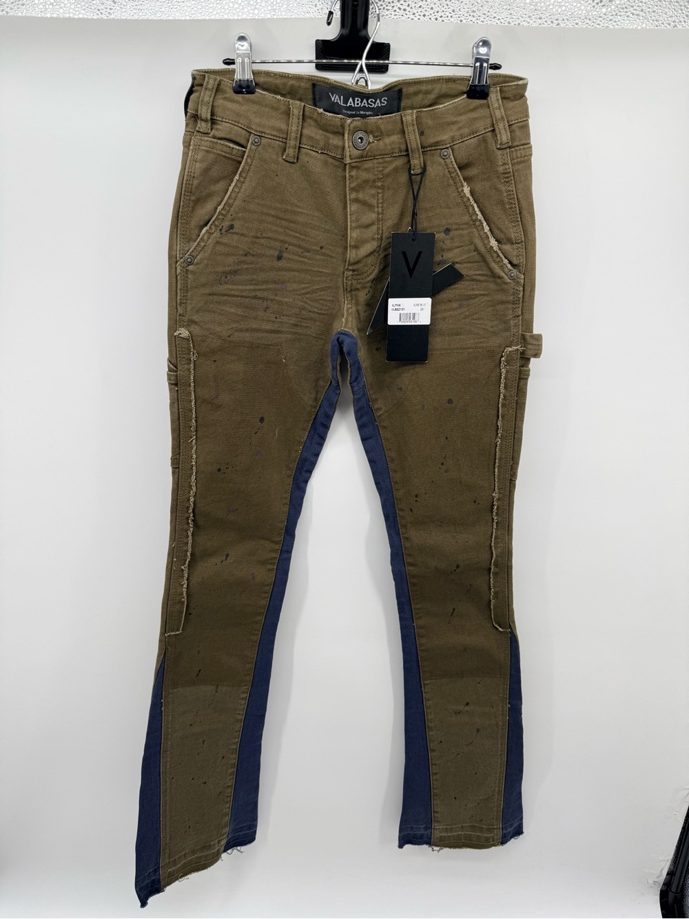 VALABASAS Men's Skinny Jeans in Olive with Navy Panel
